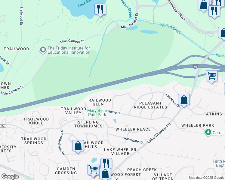map of restaurants, bars, coffee shops, grocery stores, and more near 2608 Courier Court in Raleigh