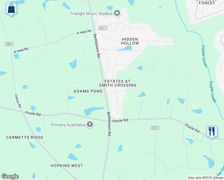 map of restaurants, bars, coffee shops, grocery stores, and more near 1632 Font Hills Lane in Knightdale