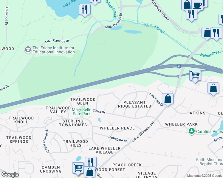 map of restaurants, bars, coffee shops, grocery stores, and more near 2116 Mariner Circle in Raleigh