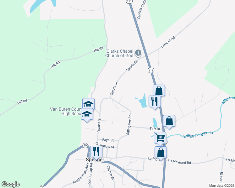 map of restaurants, bars, coffee shops, grocery stores, and more near 524 Billingsley Street in Spencer