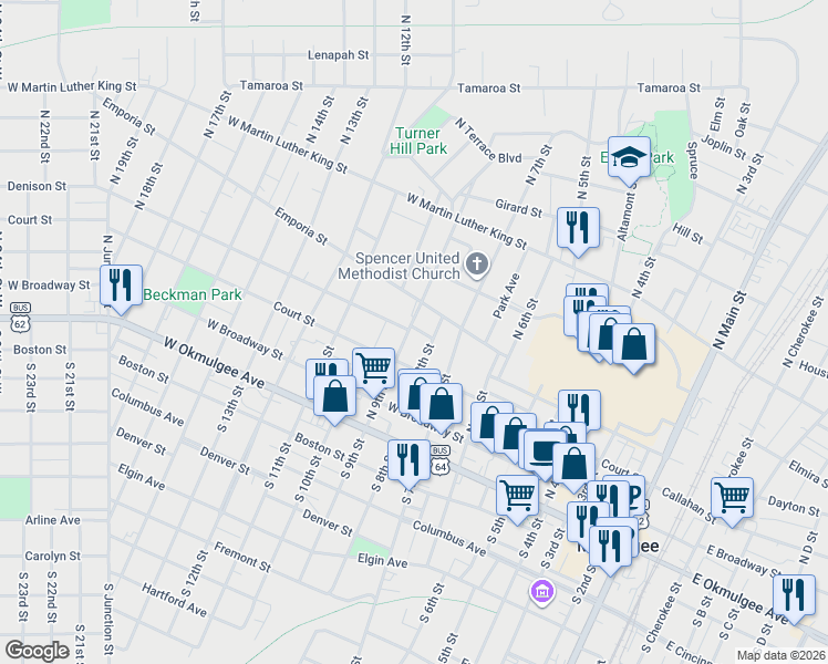 map of restaurants, bars, coffee shops, grocery stores, and more near 312 North 9th Street in Muskogee