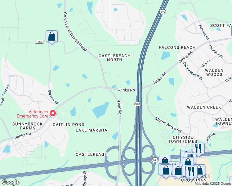 map of restaurants, bars, coffee shops, grocery stores, and more near 7533 Jenks Road in Apex