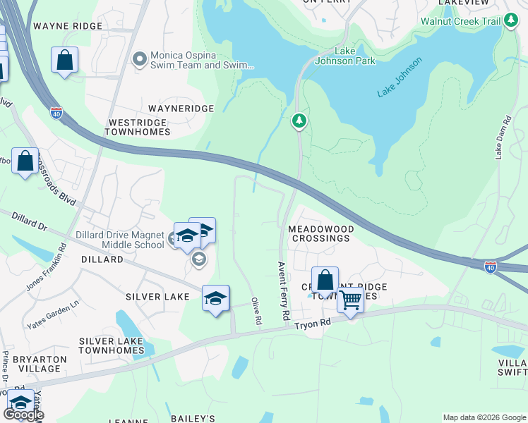 map of restaurants, bars, coffee shops, grocery stores, and more near 4701 Highview Place in Raleigh