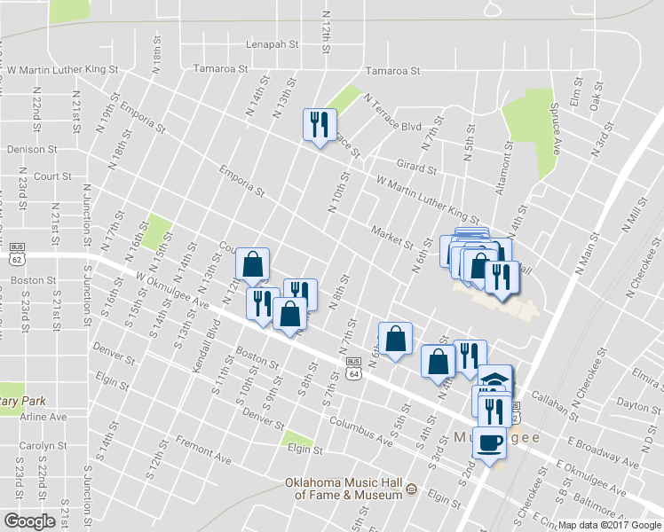 map of restaurants, bars, coffee shops, grocery stores, and more near 312 North 9th Street in Muskogee