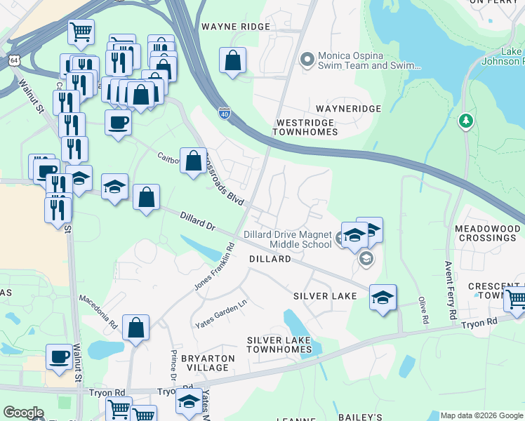 map of restaurants, bars, coffee shops, grocery stores, and more near 19 Crossroads Crest Way in Raleigh
