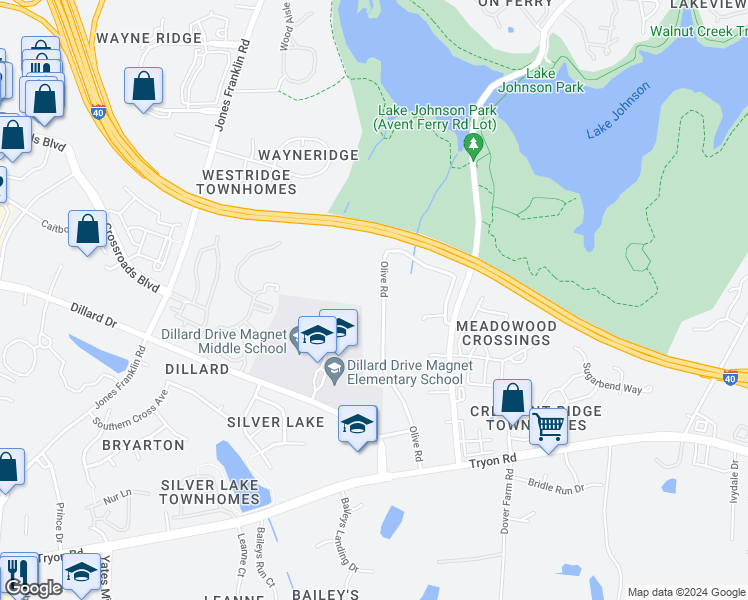 map of restaurants, bars, coffee shops, grocery stores, and more near 5216 Olive Road in Raleigh
