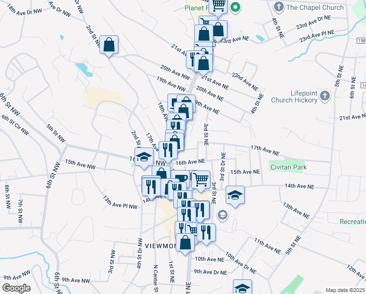 map of restaurants, bars, coffee shops, grocery stores, and more near 229 17th Avenue Northeast in Hickory