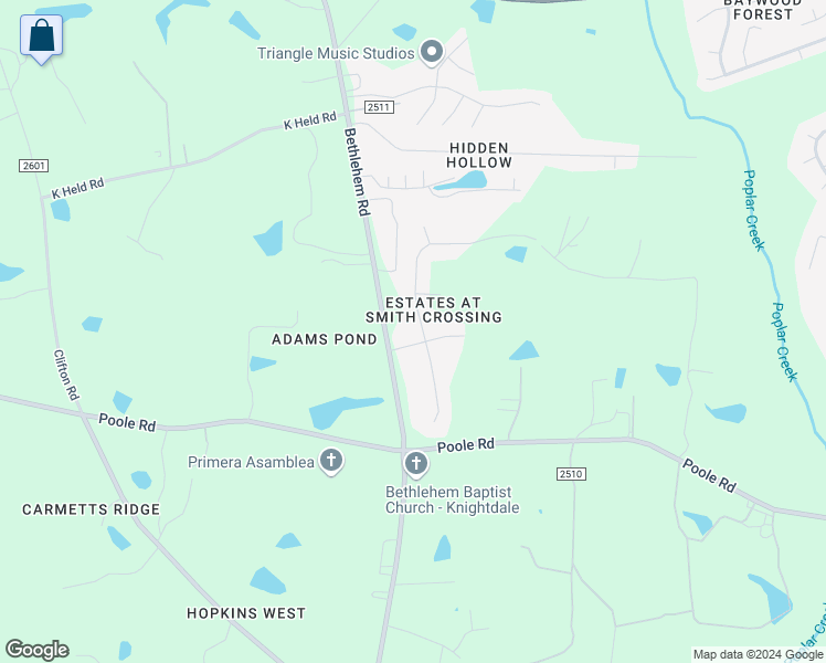 map of restaurants, bars, coffee shops, grocery stores, and more near 1632 Font Hills Lane in Knightdale