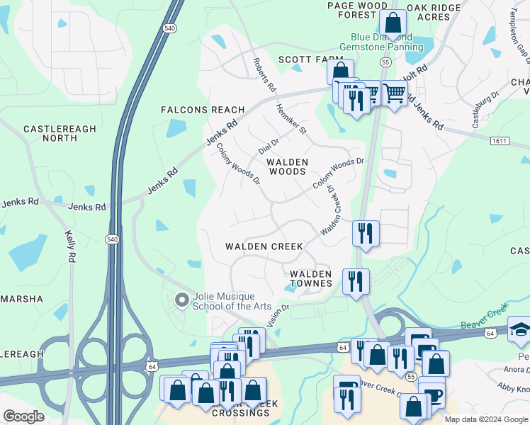 map of restaurants, bars, coffee shops, grocery stores, and more near 1807 Walden Meadow Drive in Apex