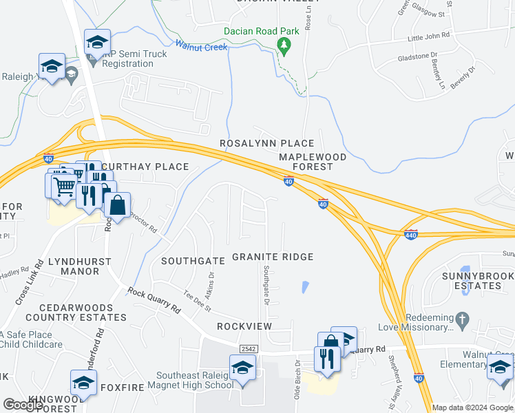 map of restaurants, bars, coffee shops, grocery stores, and more near 2623 Blue Coral Drive in Raleigh