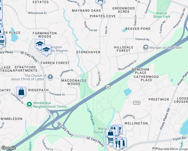 map of restaurants, bars, coffee shops, grocery stores, and more near 1616 Glengarry Drive in Cary
