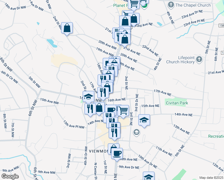 map of restaurants, bars, coffee shops, grocery stores, and more near 229 17th Avenue Northeast in Hickory