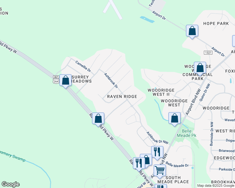 map of restaurants, bars, coffee shops, grocery stores, and more near 4119 Juniper Lane Northwest in Wilson
