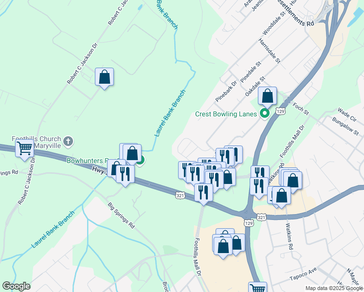 map of restaurants, bars, coffee shops, grocery stores, and more near 558 Ravenwood Drive in Maryville