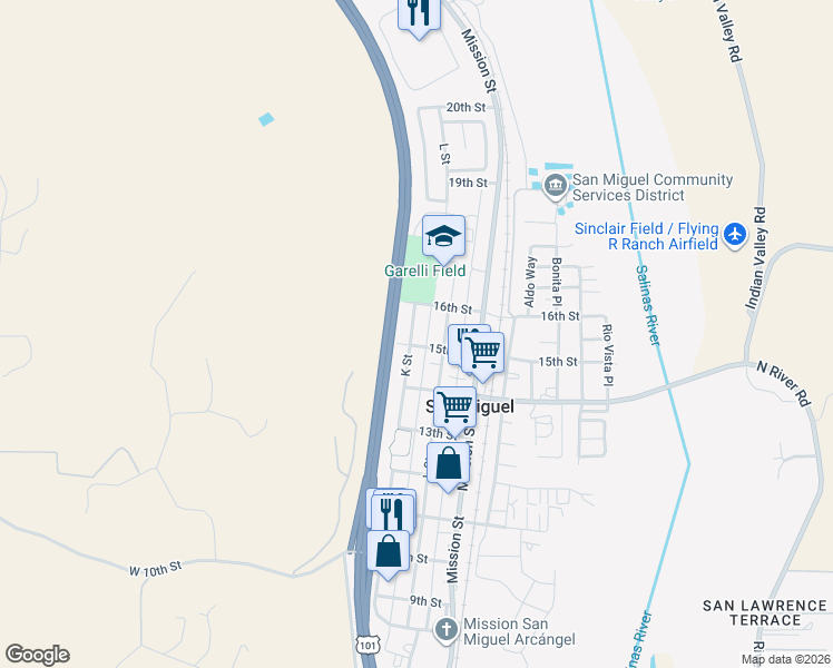 map of restaurants, bars, coffee shops, grocery stores, and more near 1524 K Street in San Miguel