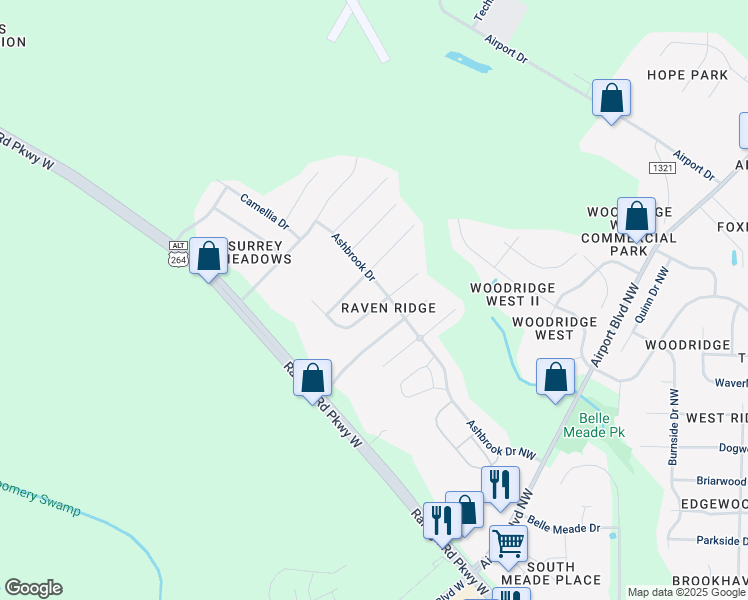 map of restaurants, bars, coffee shops, grocery stores, and more near 4119 Juniper Lane Northwest in Wilson