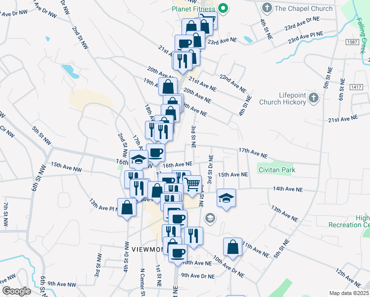 map of restaurants, bars, coffee shops, grocery stores, and more near 1729 2nd St Pl NE in Hickory