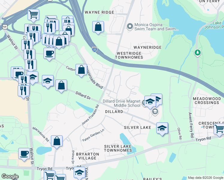 map of restaurants, bars, coffee shops, grocery stores, and more near 19 Crossroads Crest Way in Raleigh