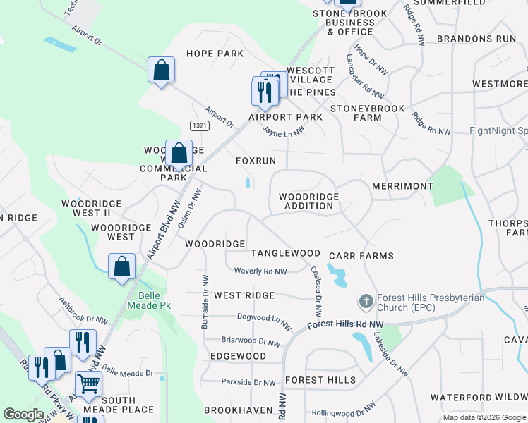 map of restaurants, bars, coffee shops, grocery stores, and more near 3412 Queensferry Drive in Wilson