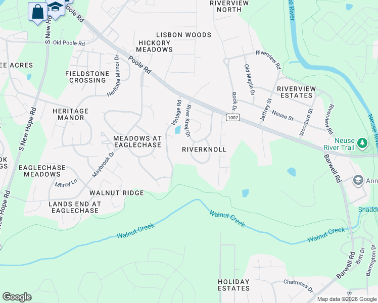 map of restaurants, bars, coffee shops, grocery stores, and more near 1901 Ranch Mill Circle in Raleigh
