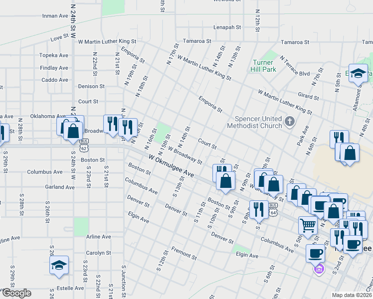 map of restaurants, bars, coffee shops, grocery stores, and more near 221 North 13th Street in Muskogee