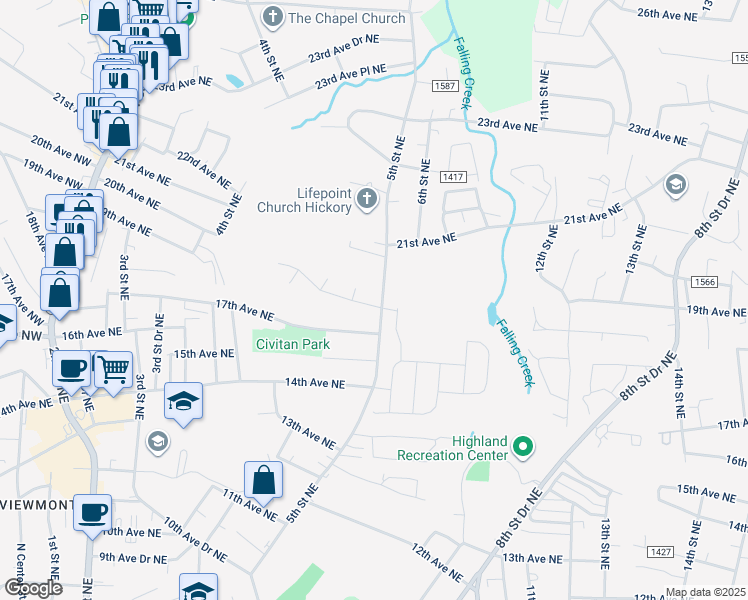 map of restaurants, bars, coffee shops, grocery stores, and more near 1751 5th Street Northeast in Hickory