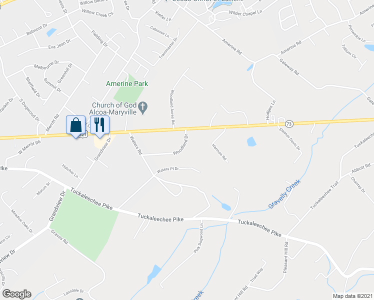 map of restaurants, bars, coffee shops, grocery stores, and more near 2714 Woodland Drive in Maryville