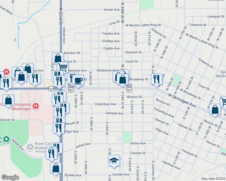 map of restaurants, bars, coffee shops, grocery stores, and more near 2434 West Okmulgee Avenue in Muskogee