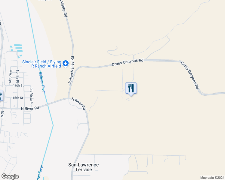 map of restaurants, bars, coffee shops, grocery stores, and more near 8585 Cross Canyons Road in San Miguel