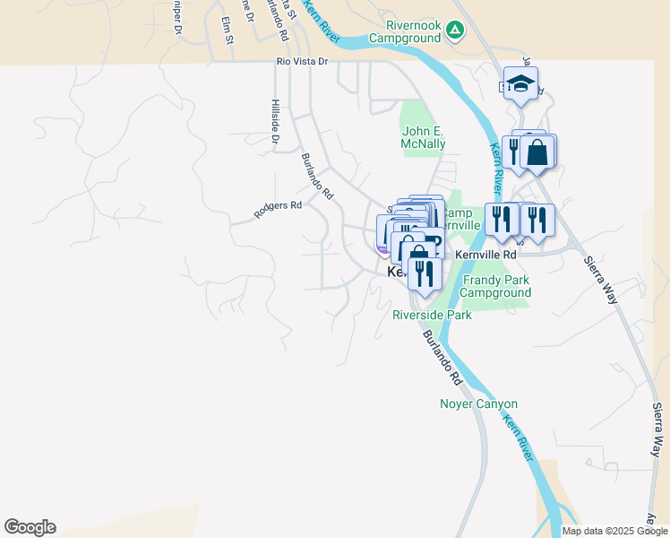 map of restaurants, bars, coffee shops, grocery stores, and more near 2 Grove Park Way in Kernville