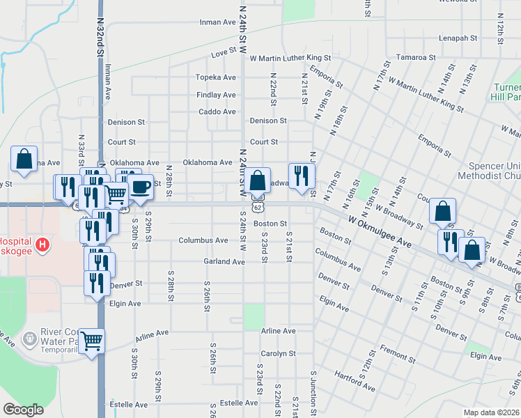 map of restaurants, bars, coffee shops, grocery stores, and more near 2130 West Okmulgee Avenue in Muskogee