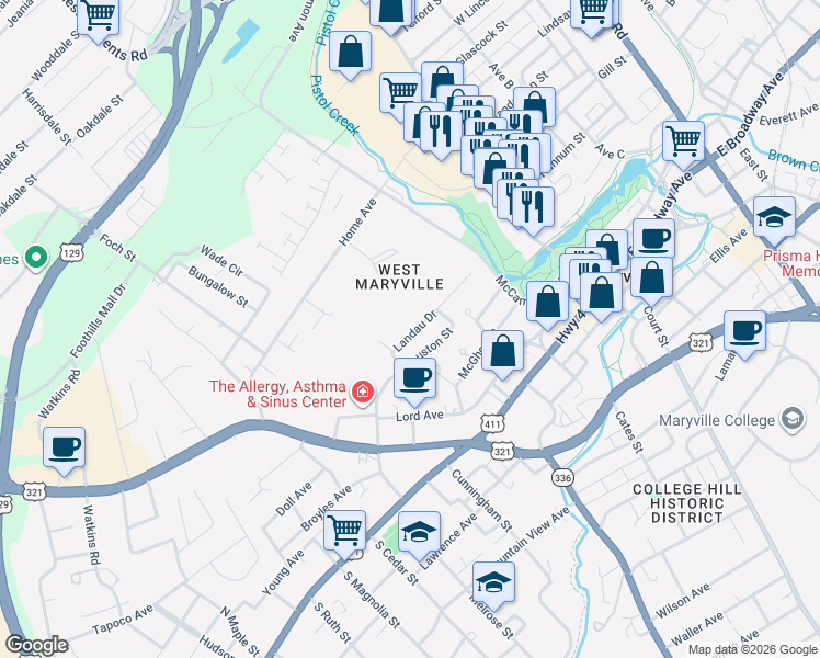 map of restaurants, bars, coffee shops, grocery stores, and more near 411 Landau Drive in Maryville