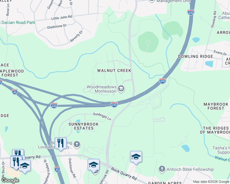 map of restaurants, bars, coffee shops, grocery stores, and more near 1532 Garden Lane in Raleigh
