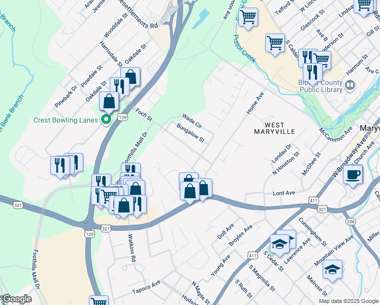 map of restaurants, bars, coffee shops, grocery stores, and more near 820 Foch Street in Maryville
