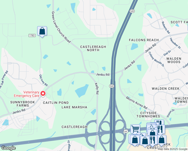 map of restaurants, bars, coffee shops, grocery stores, and more near 7533 Jenks Road in Apex