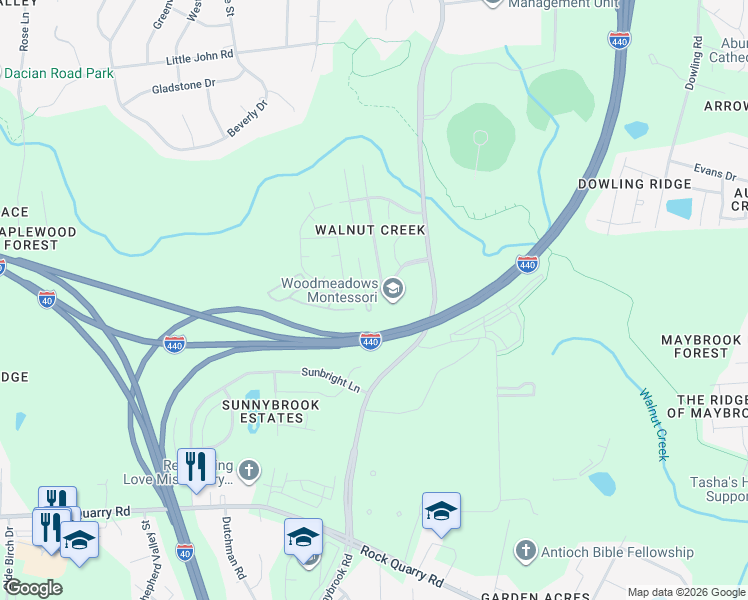 map of restaurants, bars, coffee shops, grocery stores, and more near 1532 Garden Lane in Raleigh