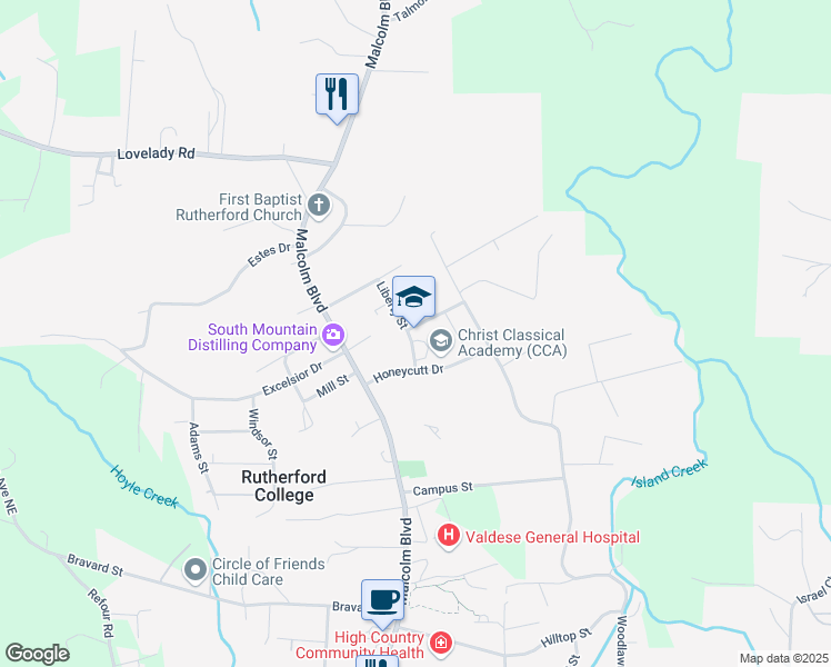 map of restaurants, bars, coffee shops, grocery stores, and more near 170 Honeycutt Drive in Connelly Springs