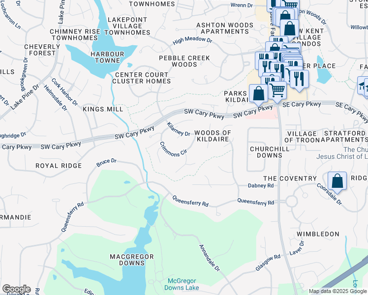 map of restaurants, bars, coffee shops, grocery stores, and more near 102 Crimmons Circle in Cary