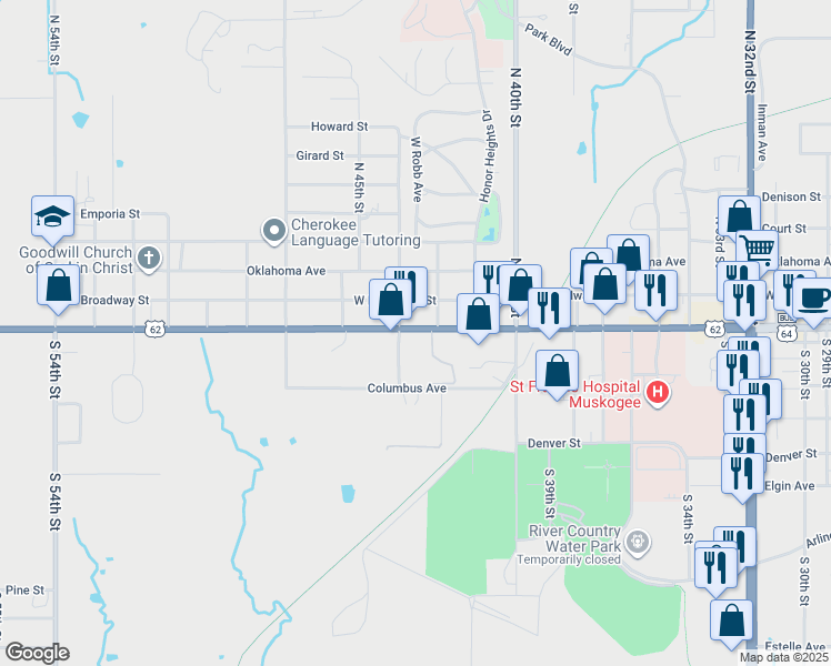 map of restaurants, bars, coffee shops, grocery stores, and more near 4301 West Okmulgee Street in Muskogee