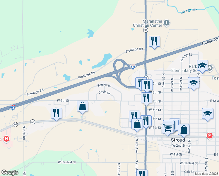 map of restaurants, bars, coffee shops, grocery stores, and more near 121 Sooner Drive in Stroud