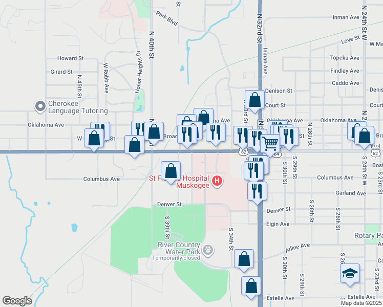 map of restaurants, bars, coffee shops, grocery stores, and more near 3701 West Okmulgee Avenue in Muskogee