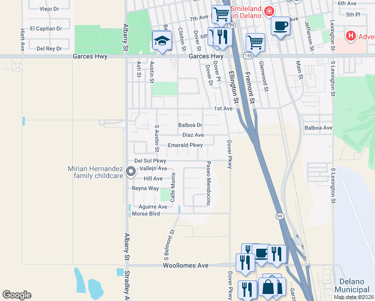 map of restaurants, bars, coffee shops, grocery stores, and more near 327 Emerald Parkway in Delano