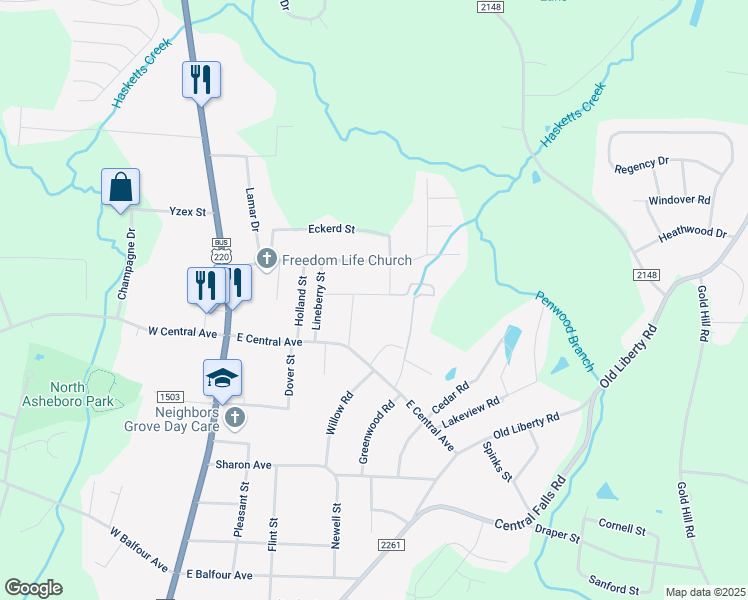 map of restaurants, bars, coffee shops, grocery stores, and more near 406 Greenlawn Drive in Asheboro