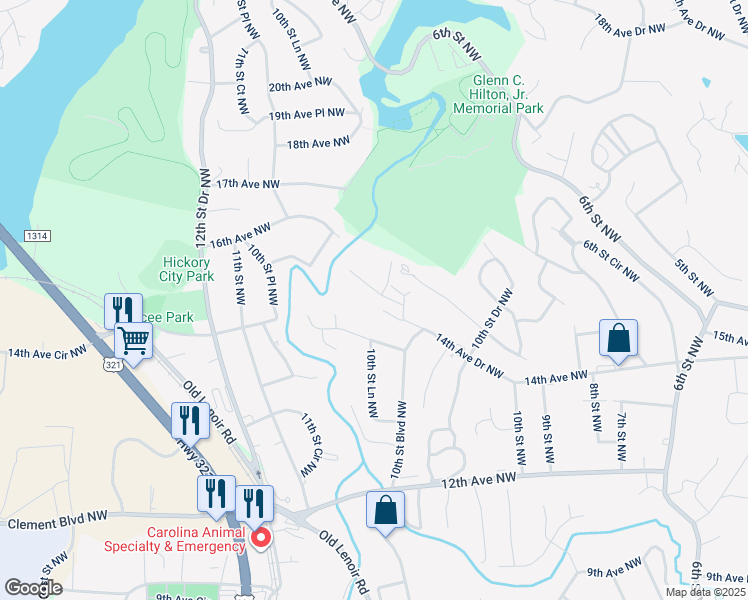 map of restaurants, bars, coffee shops, grocery stores, and more near 1077 14th Avenue Drive Northwest in Hickory