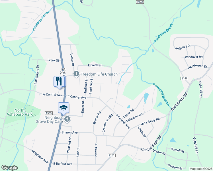 map of restaurants, bars, coffee shops, grocery stores, and more near 406 Greenlawn Drive in Asheboro