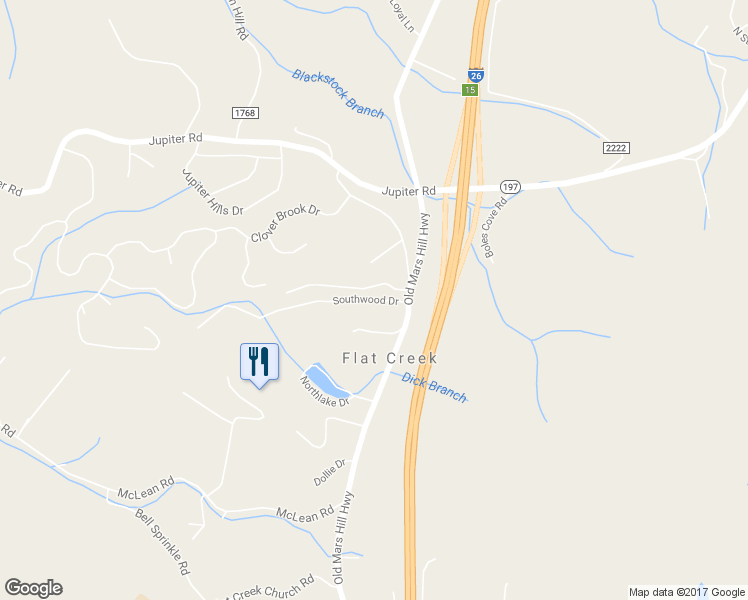 map of restaurants, bars, coffee shops, grocery stores, and more near 16 Southwood Drive in Weaverville