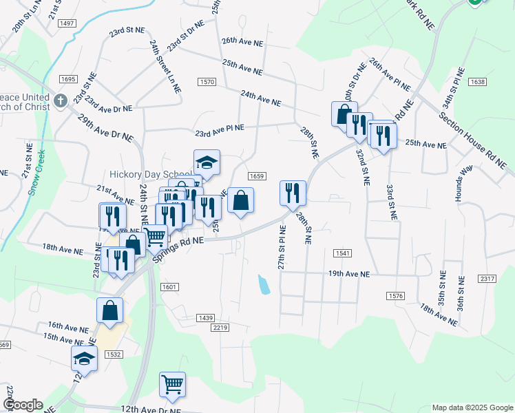 map of restaurants, bars, coffee shops, grocery stores, and more near 2633 Springs Road Northeast in Hickory
