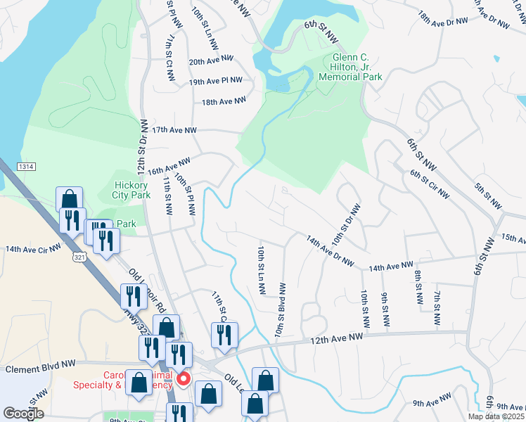 map of restaurants, bars, coffee shops, grocery stores, and more near 1077 14th Avenue Drive Northwest in Hickory