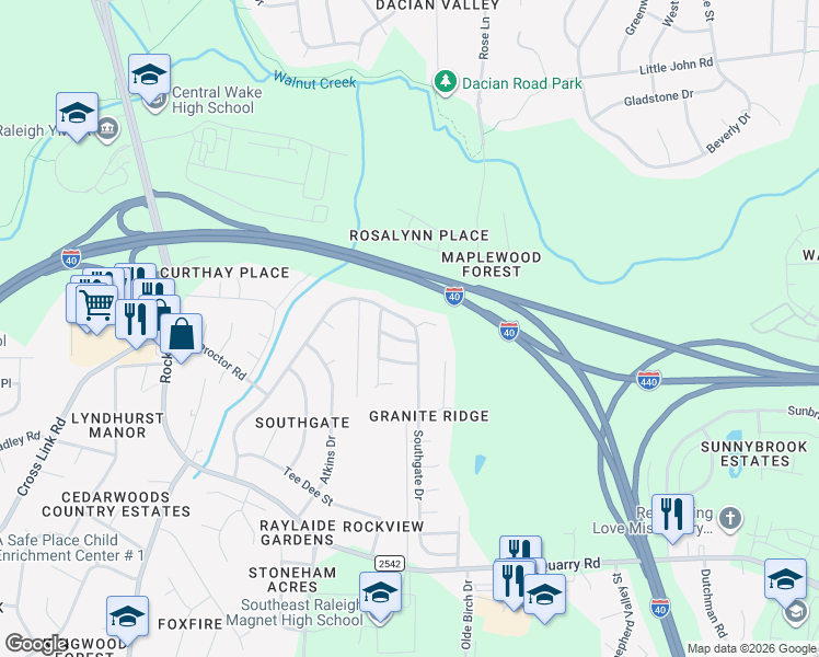 map of restaurants, bars, coffee shops, grocery stores, and more near 1306 Southgate Drive in Raleigh