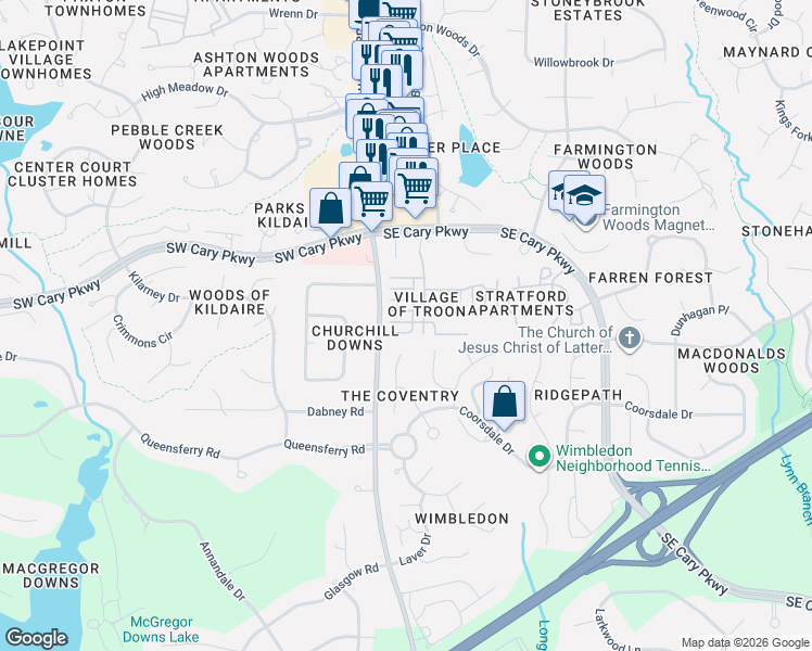 map of restaurants, bars, coffee shops, grocery stores, and more near 600 Rigside Place in Cary